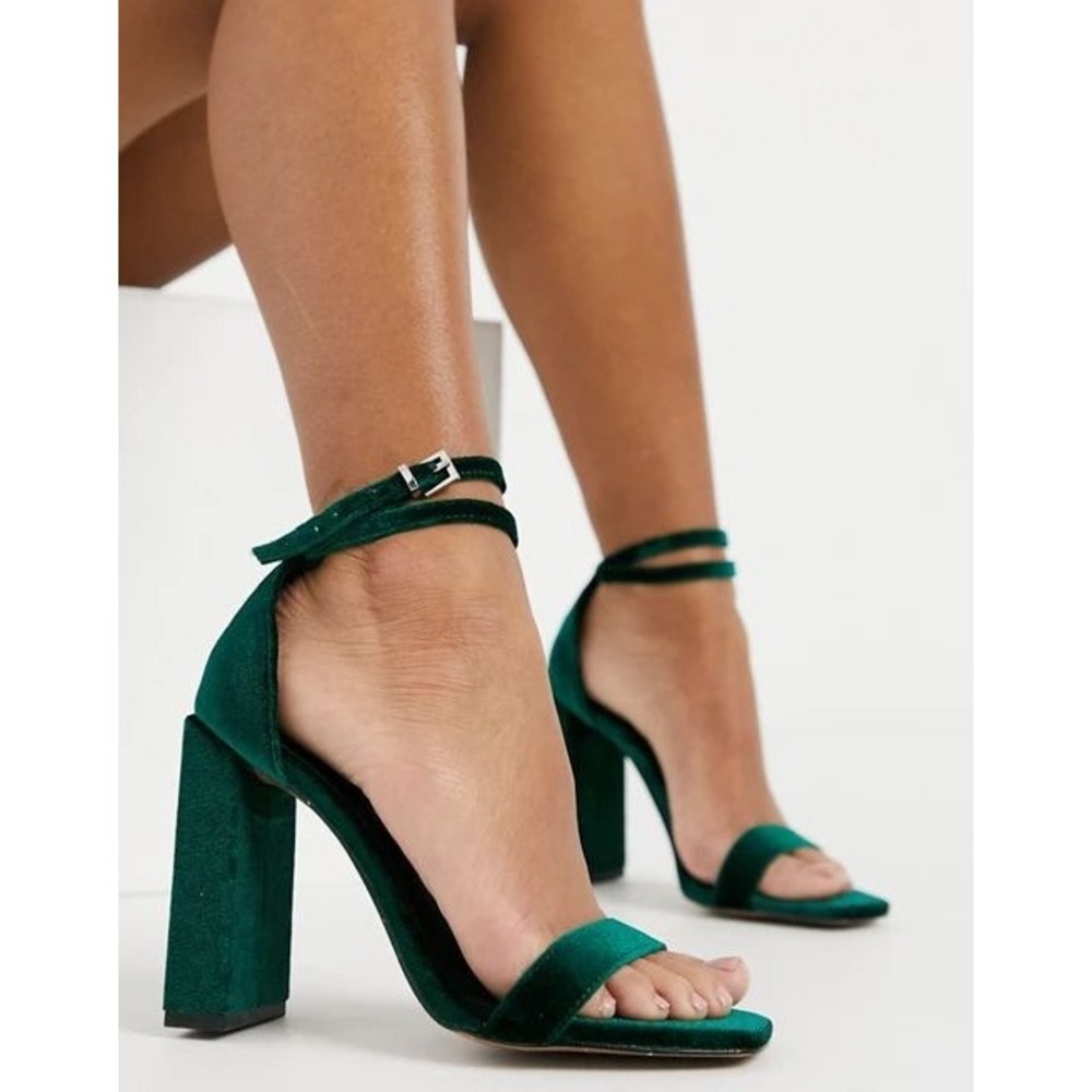 ASOS Emerald Green Velvet Block Heel Sandals Ankle Strap Platform UK 9 US 11